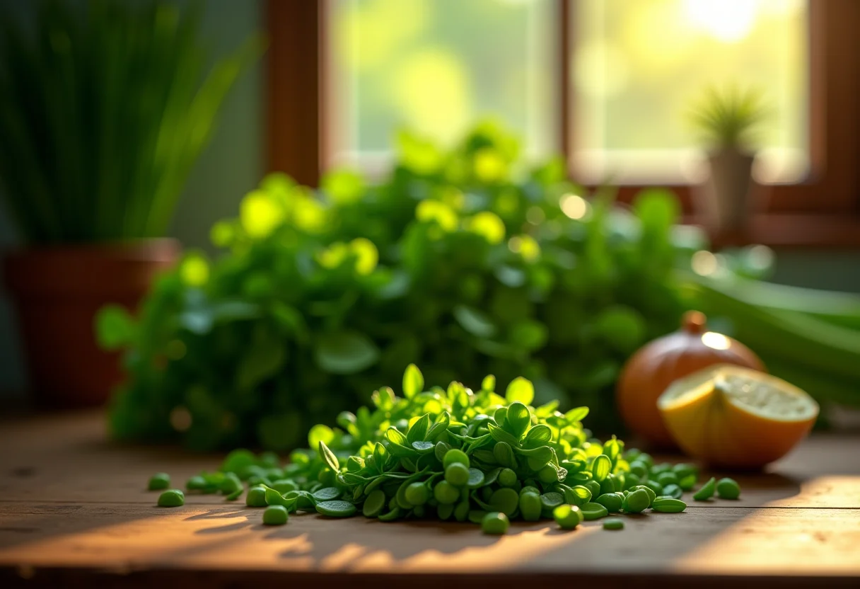 Nirá e cebolinha lado a lado em uma mesa de madeira rústica.