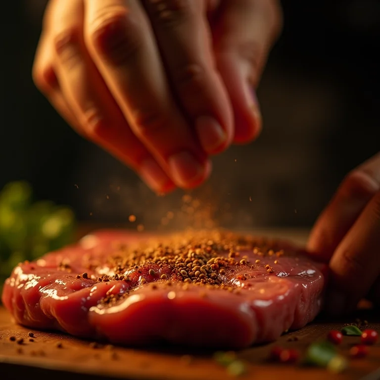 O segredo do sabor: mãos temperando a carne com especiarias Bahar.