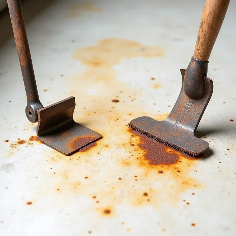 Objetos metálicos causando manchas de ferrugem em piso de concreto.