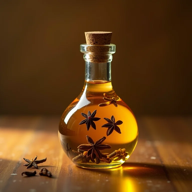 Óleo aromatizado com cravo-da-índia em uma garrafa de vidro decorativa.