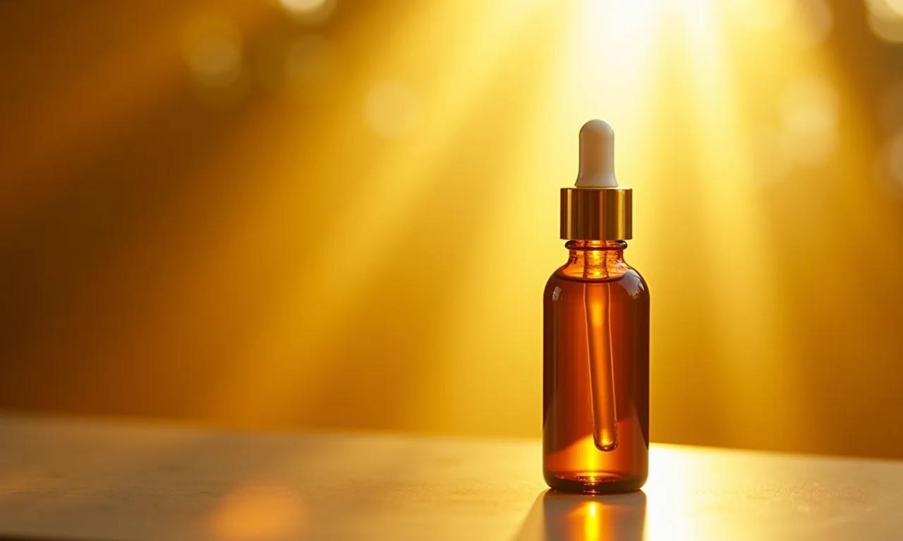 Óleo de buriti em frasco de vidro, representando o segredo para uma pele radiante.