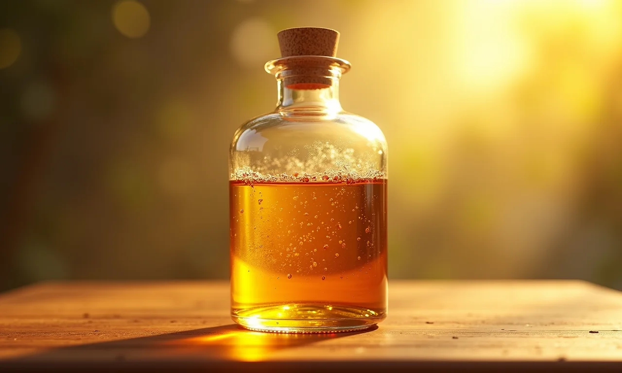 Óleo de linhaça oxidando em garrafa de vidro transparente.