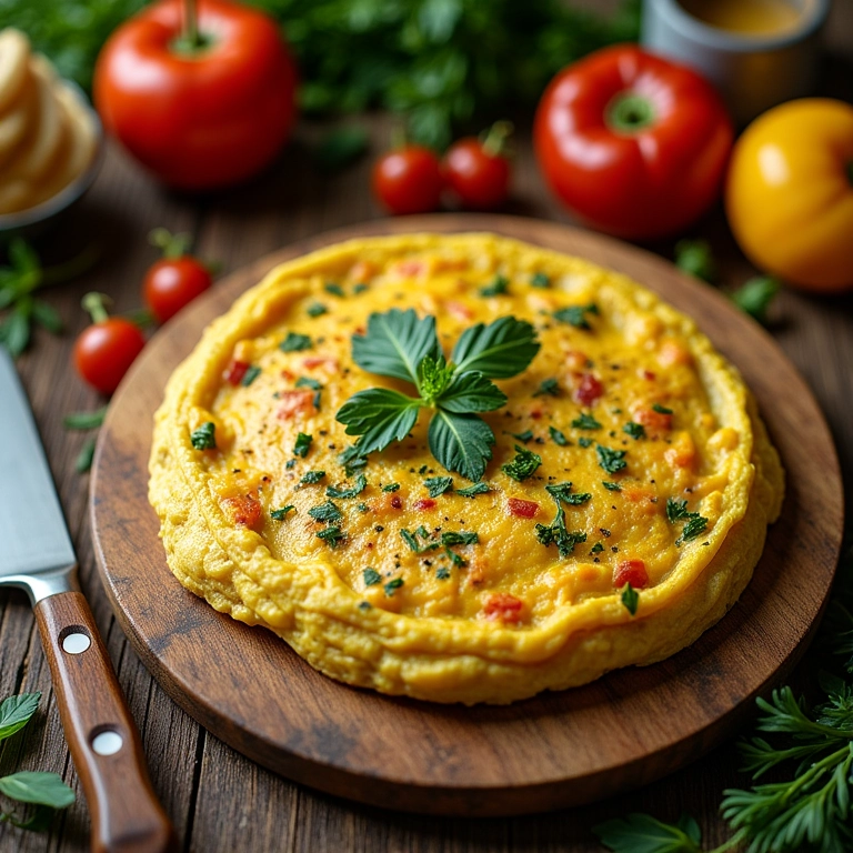 Omelete temperada com ervas finas em mesa de madeira rústica, cozinha colorida ao fundo.