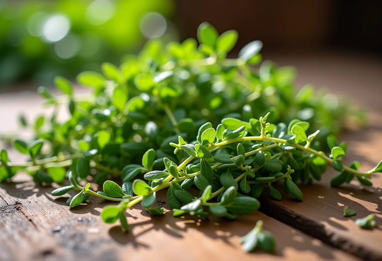 Orégano grego fresco sobre mesa rústica.