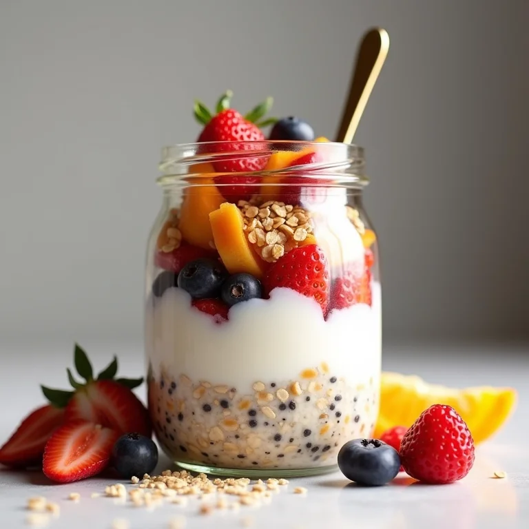 Overnight oats em um pote de vidro com iogurte, chia e frutas.