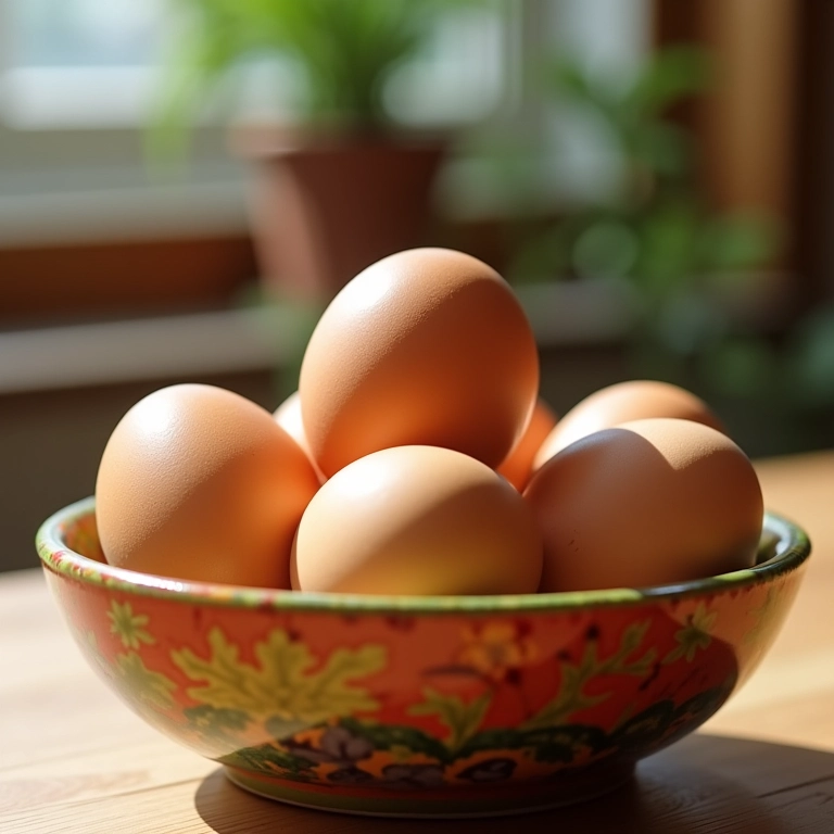 Ovos caipiras em tigela de cerâmica colorida numa cozinha Farm Rio.