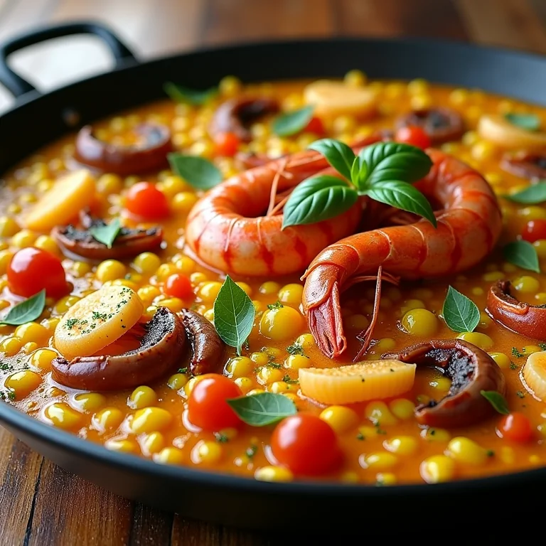 Paella Valenciana com açafrão, frutos do mar e vegetais em uma mesa de madeira rústica.
