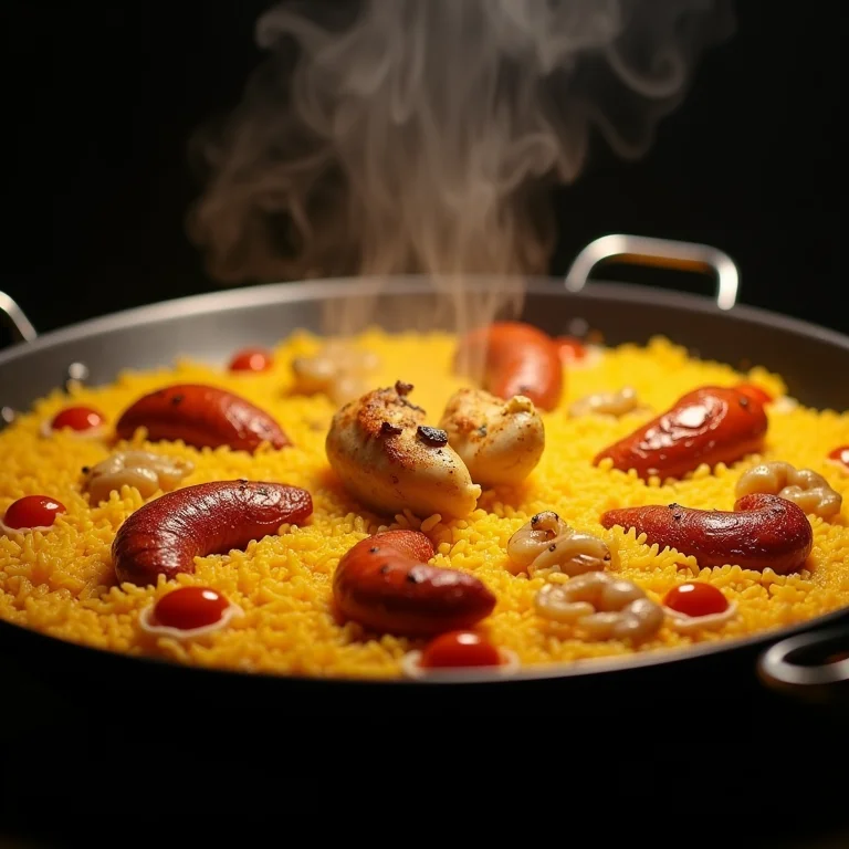 Paella Valenciana sendo preparada em uma panela grande, com arroz açafranado, frutos do mar e frango.