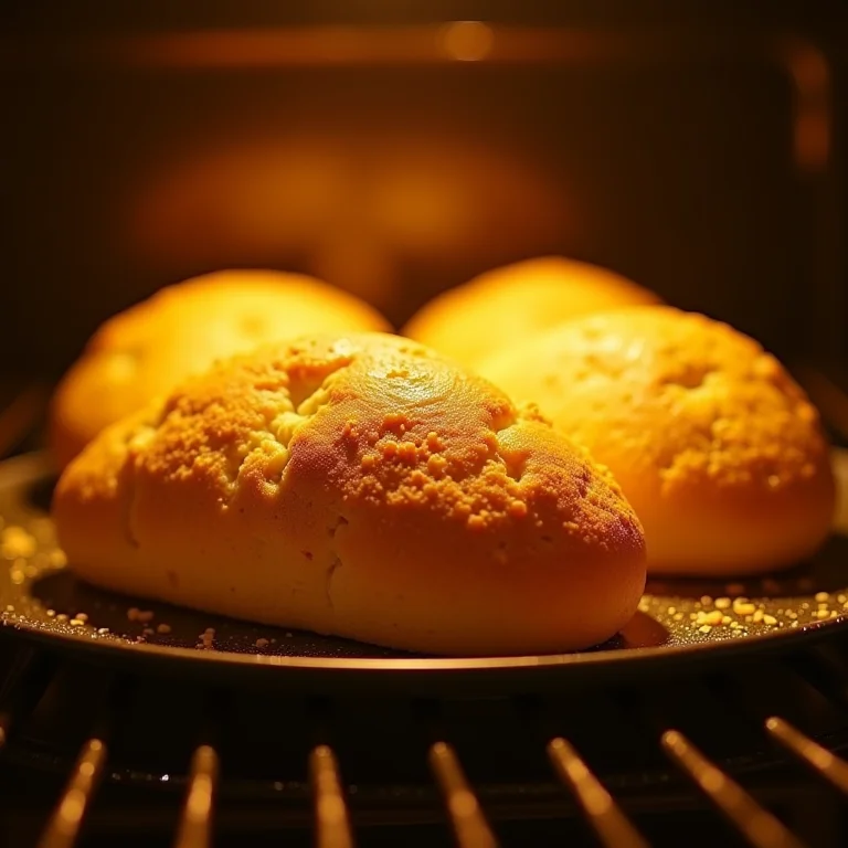 Pães de queijo de quinoa assando em um forno de convecção.