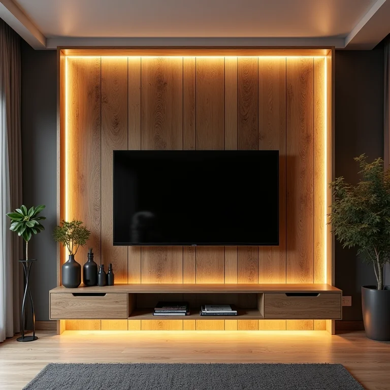 Painel de TV feito com pallets em uma sala de estar moderna.