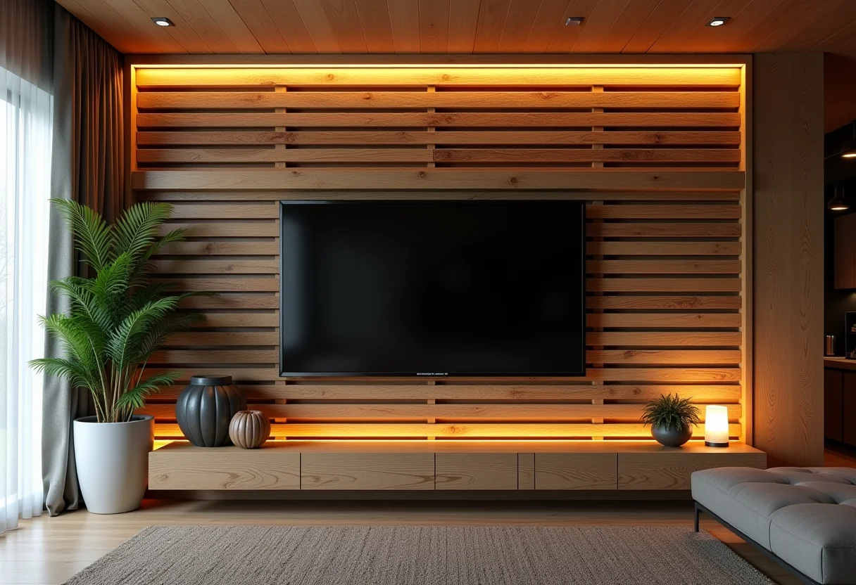 Painel de TV feito com pallets em uma sala de estar moderna