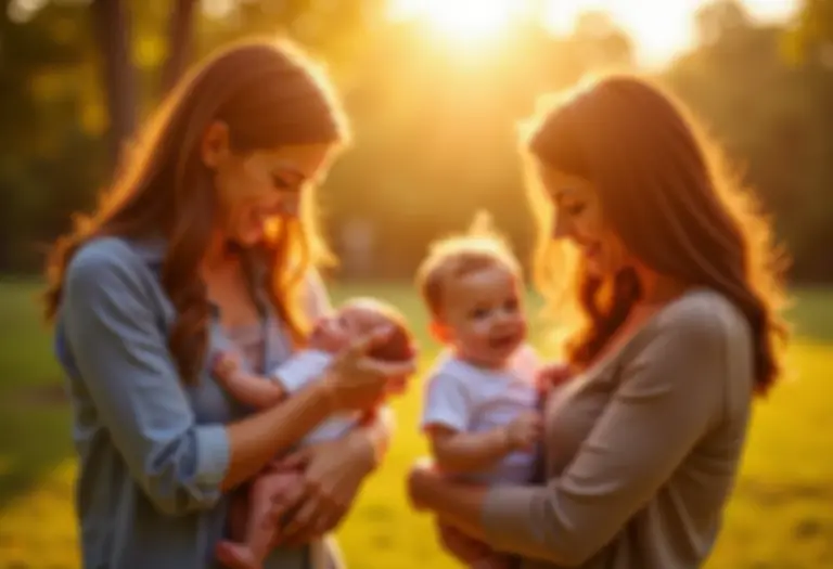 Pais relaxando com seus bebês em um parque ensolarado