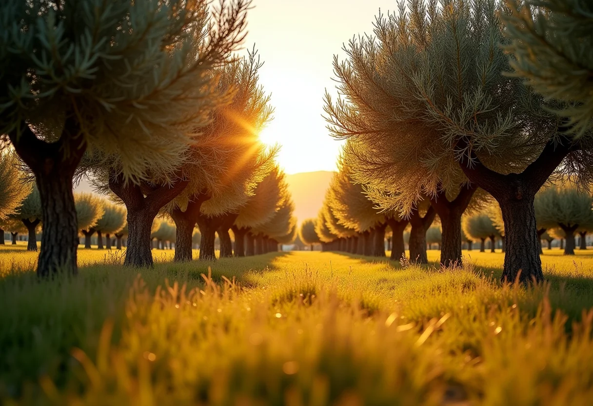 Paisagem ensolarada de um olival mediterrâneo, transmitindo cura e tranquilidade.