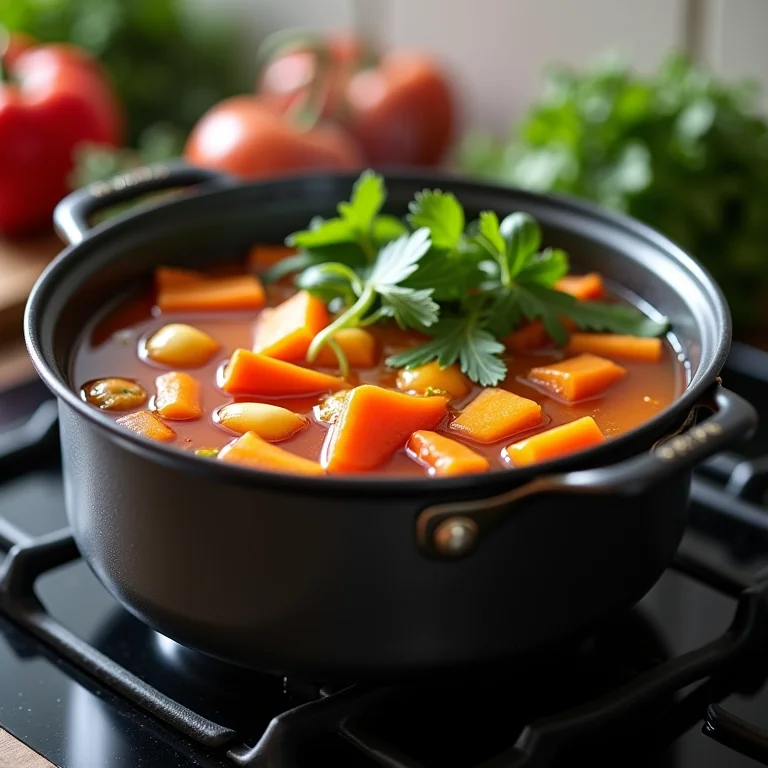 Panela de caldo de legumes caseiro fervendo no fogão.