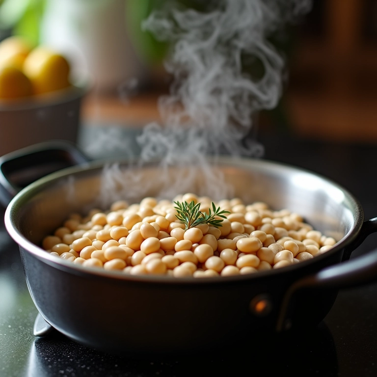 Panela de feijão branco cozinhando lentamente no fogão.