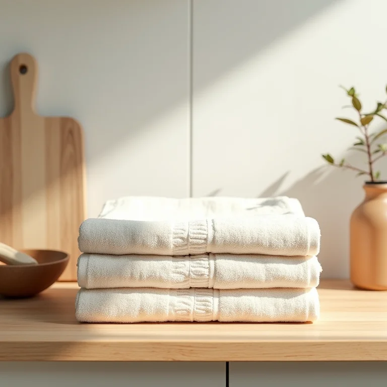 Panos de prato de algodão orgânico em prateleira de madeira.