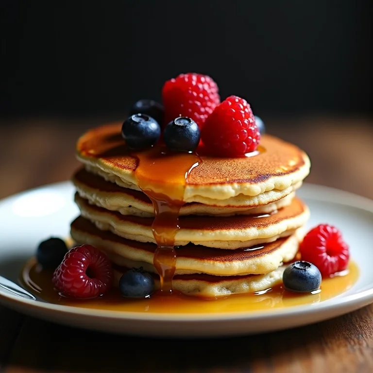 Panquecas de aveia com calda de maple e frutas.