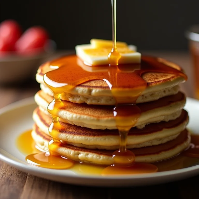 Panquecas de aveia fit com calda de maple e frutas.