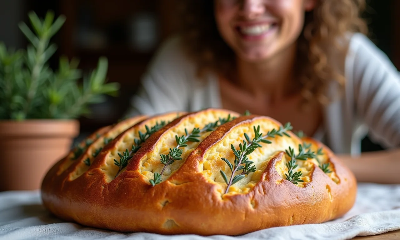 Pão caseiro com tomilho na crosta sobre mesa com tecido de linho.