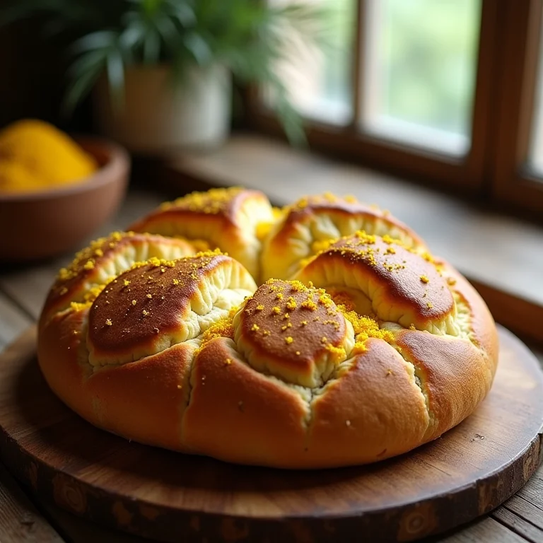 Pão de açafrão caseiro, com uma crosta rústica e convidativa.