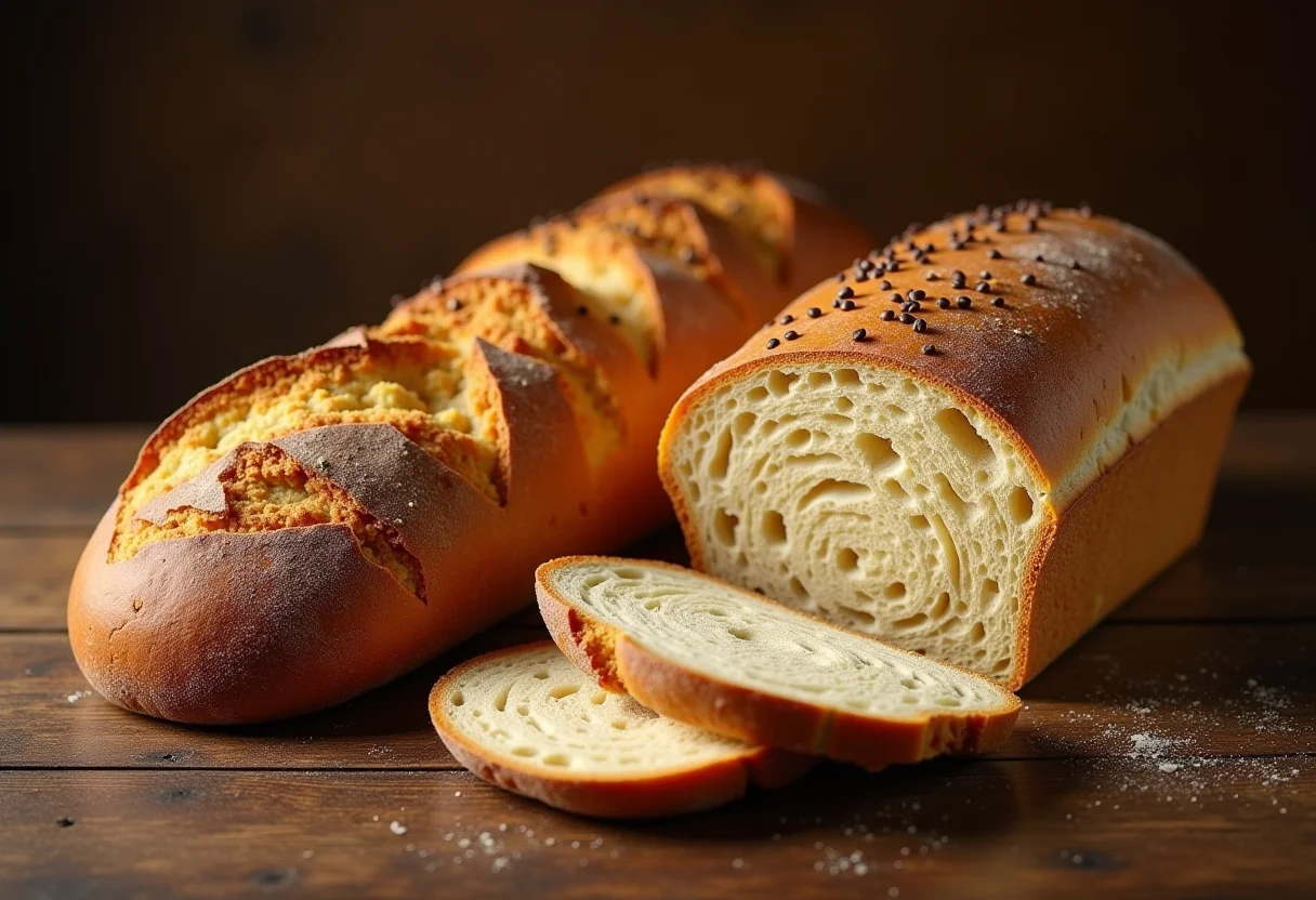Pão de centeio e alcaravia fresco sobre mesa rústica de madeira.