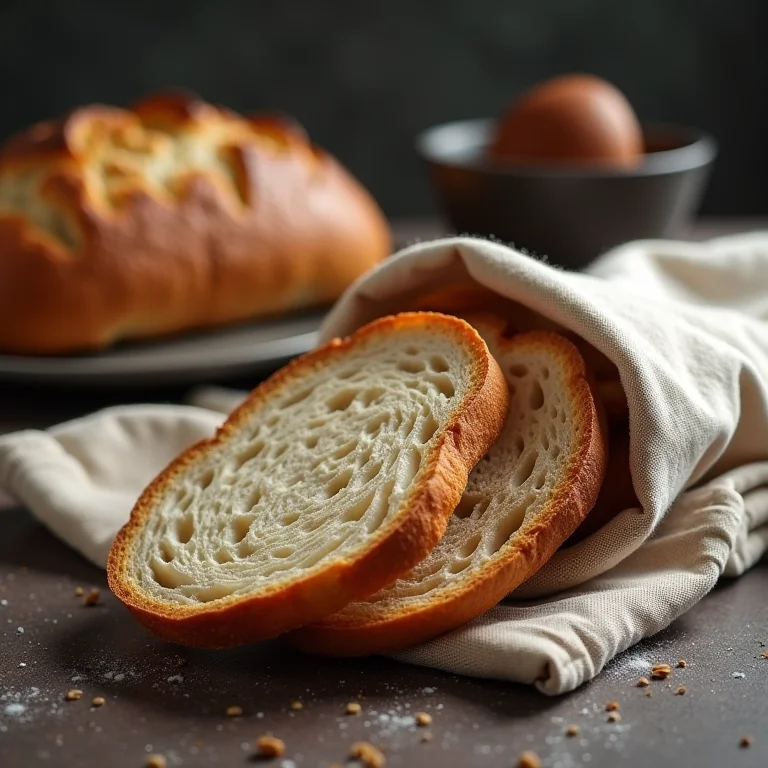 Pão de centeio fatiado armazenado em saco de pão de linho.