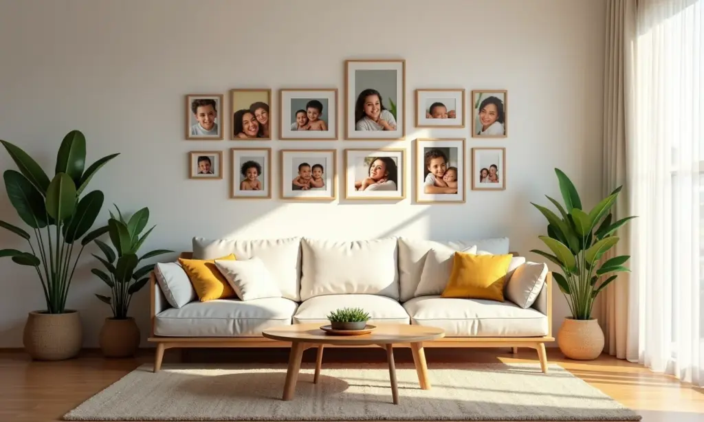 Parede decorada com diversas fotos emolduradas, estilo brasileiro vibrante e acolhedor.