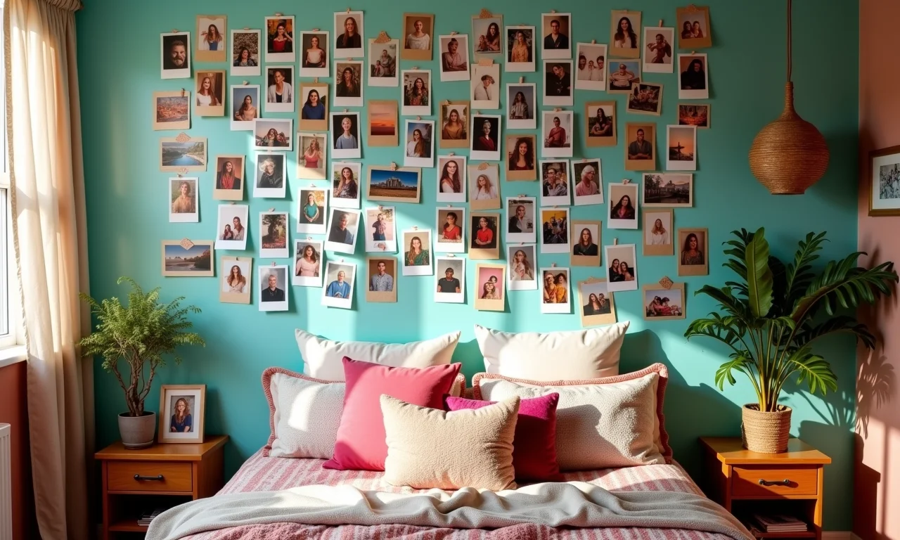 Parede decorada com fotos polaroid fixadas com washi tapes coloridas.