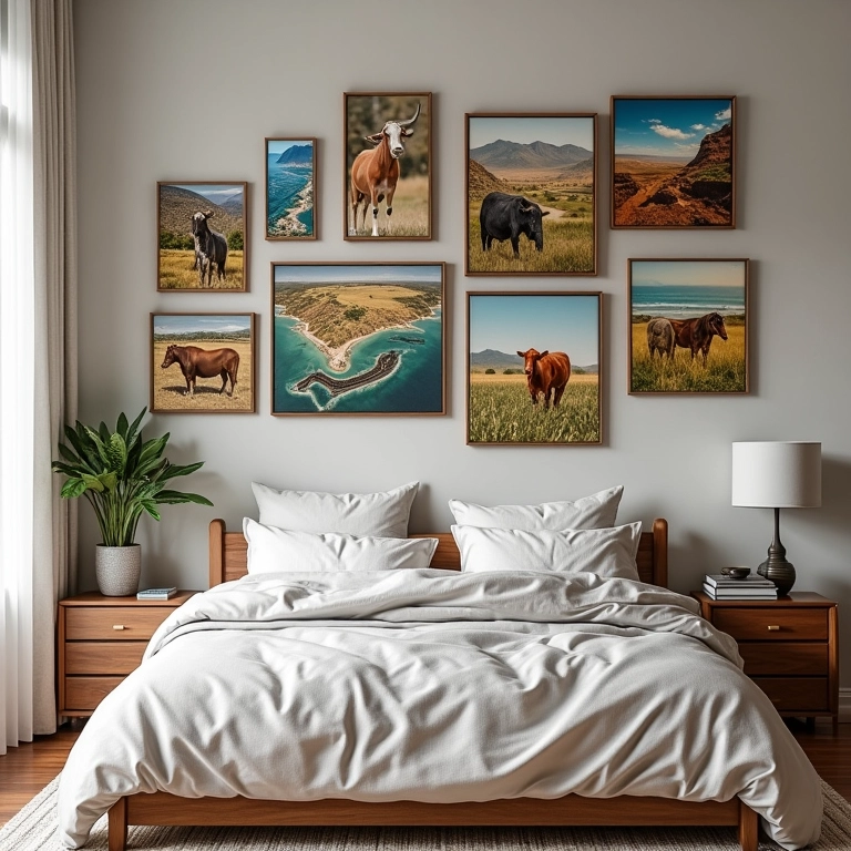 Paredes decoradas com quadros e fotos em quarto de casal.