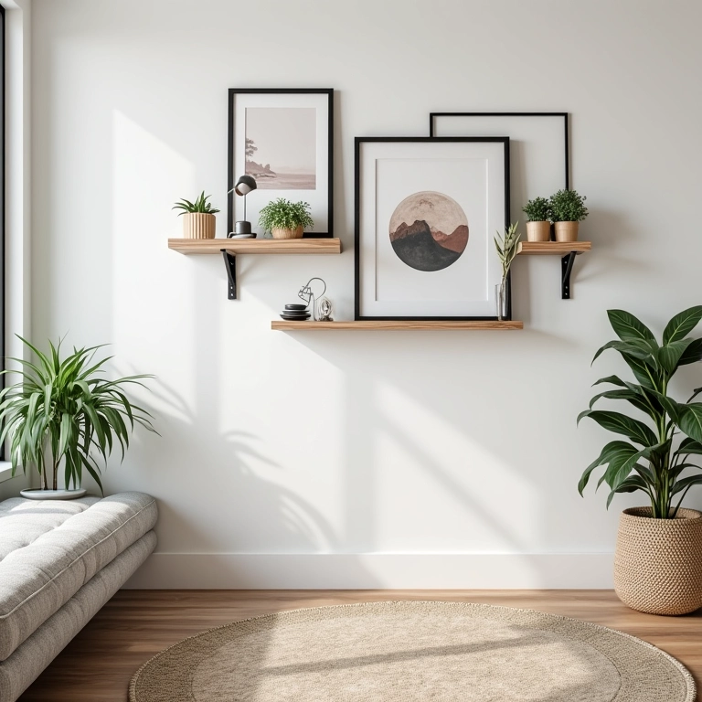 Paredes decoradas com quadros e prateleiras em apartamento alugado.