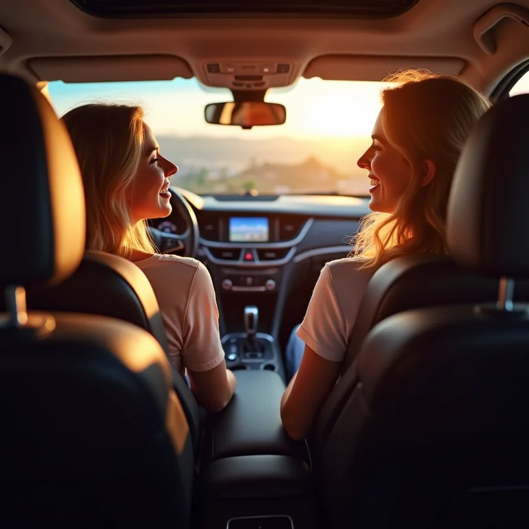 Passageiros confortáveis e felizes no banco de trás de um carro, enfatizando o conforto dos ocupantes