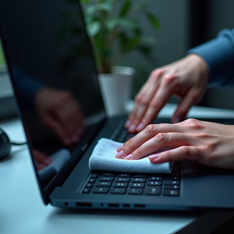 Passo a passo: limpando a tela do notebook com um pano de microfibra.