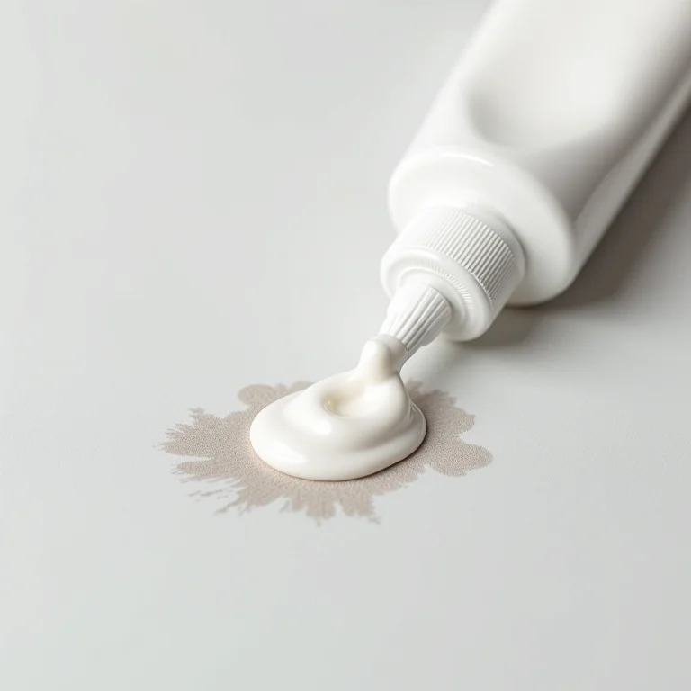 Pasta de dente branca em tecido manchado.