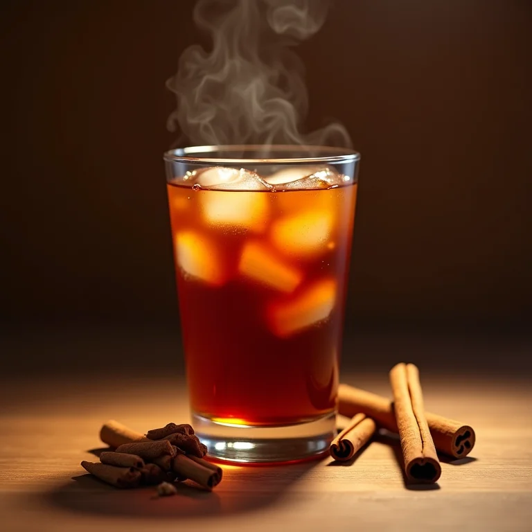 Paus de canela e um copo de chá preto gelado.