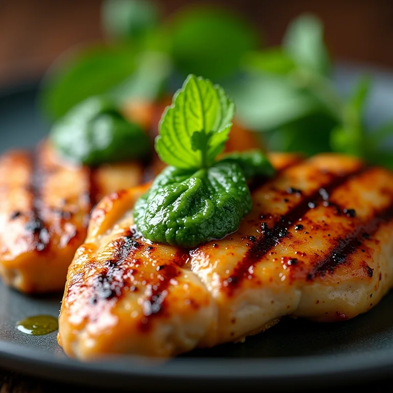 Peito de frango grelhado com molho de menta.