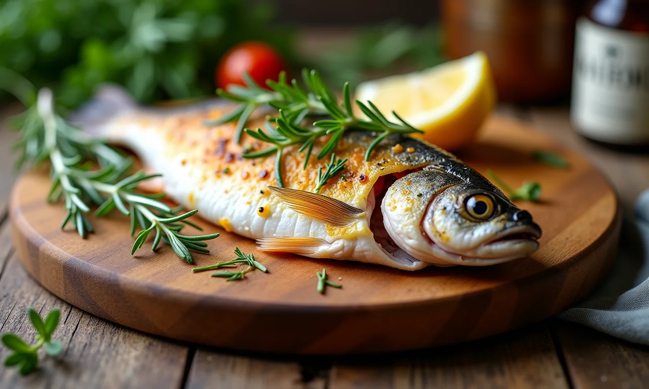 Peixe assado com funcho e ervas aromáticas.