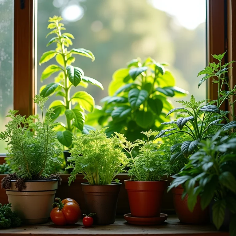Pequena horta em casa com ervas e vegetais diversos.