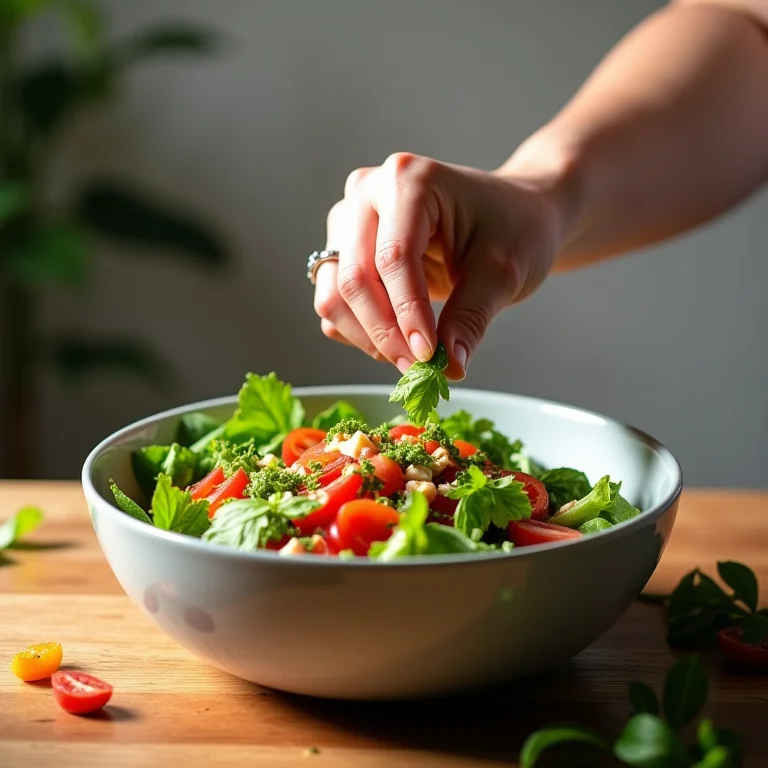 Pessoa adicionando nirá picado em uma salada.