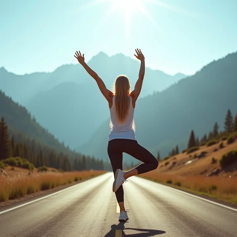 Pessoa alongando as pernas em um mirante panorâmico durante a viagem.