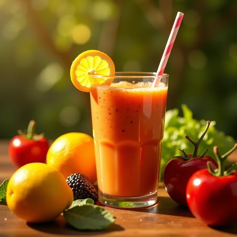 Pessoa apreciando smoothie saudável com alcaçuz, cercada de frutas e vegetais frescos, representando a ação antioxidante.