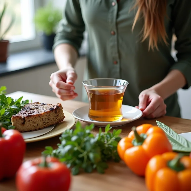 Pessoa bebendo chá de folha de oliveira enquanto prepara uma refeição saudável, representando o controle do colesterol.