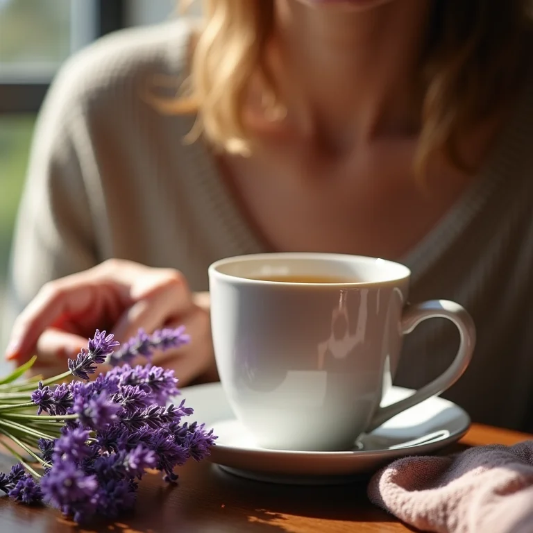 Pessoa bebendo chá de lavanda em um ambiente acolhedor