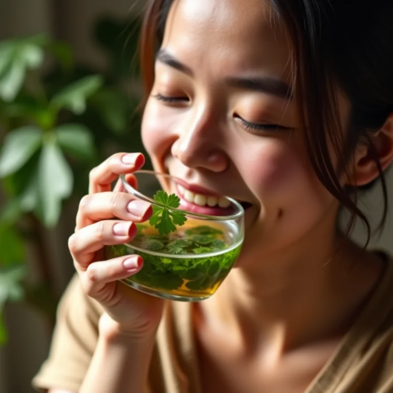 Pessoa bebendo chá de salsa para melhorar a digestão