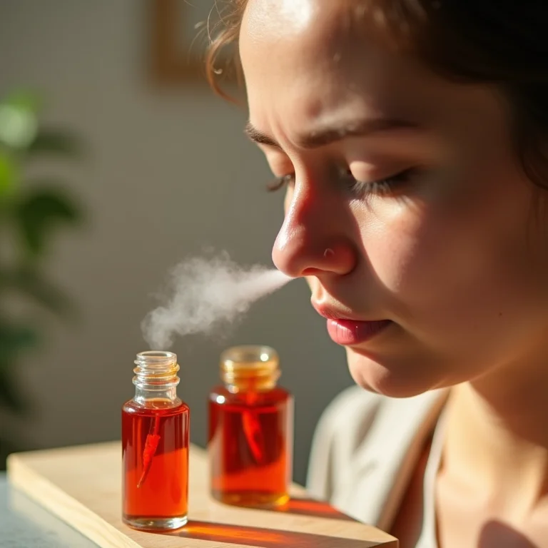 Pessoa com nariz entupido usando spray nasal natural com tintura de pimenta caiena.