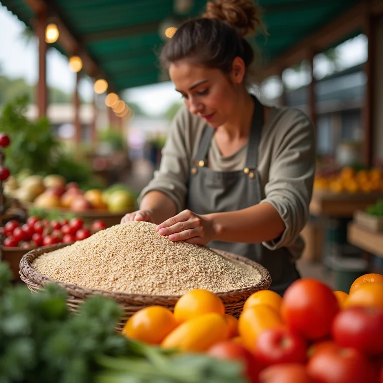 Pessoa comprando grãos integrais em um mercado de produtores.