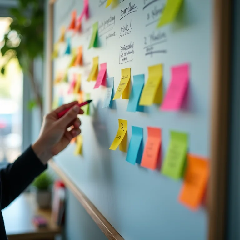 Pessoa criando um cronograma com post-its coloridos em um quadro branco.