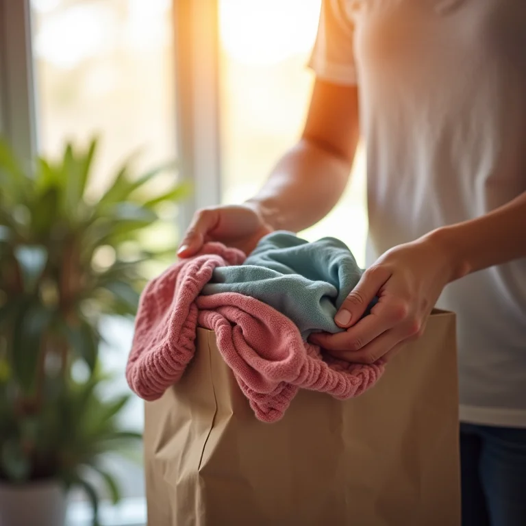 Pessoa doando uma sacola de roupas para caridade.