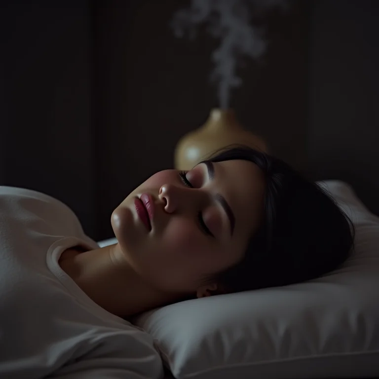 Pessoa dormindo tranquilamente com difusor de lavanda ao fundo