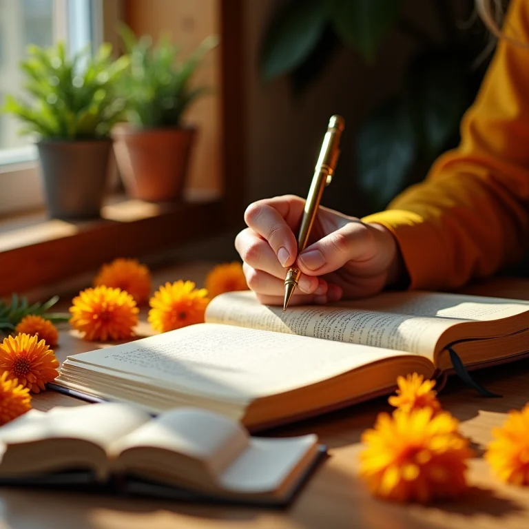 Pessoa escrevendo em um diário com flores de calêndula ao redor