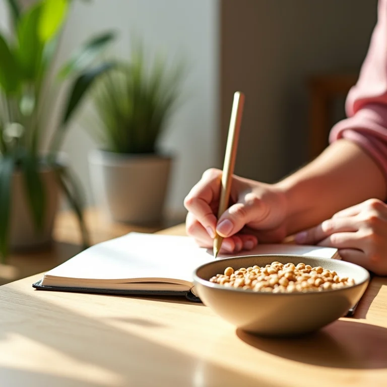 Pessoa escrevendo em um diário comendo grãos.